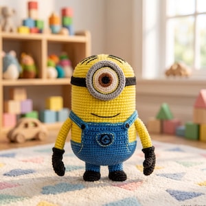 Patrón de muñeca de ganchillo, patrón de amigurumi amarillo de un ojo, tutorial de ganchillo de personaje de dibujos animados, descarga del patrón de muñeca con overol adorable