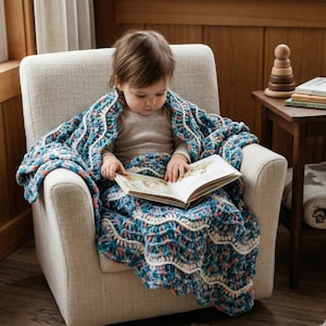 May include: A child sits in a cream-colored armchair, wrapped in a blue, white, and coral crocheted blanket. The child is reading a book with colorful illustrations. A wooden stacking toy and books are on a side table.