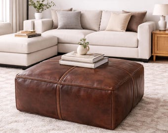 Handcrafted Square Moroccan Dark Brown Leather Pouf Ottoman Genuine Leather Footstool Coffee Table Unstuffed