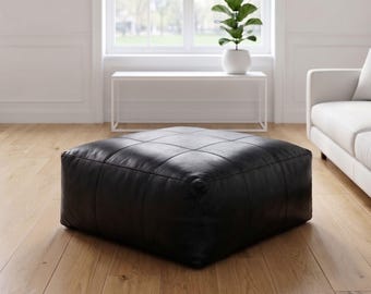 Oversized Square Moroccan Pouf Ottoman Genuine Leather Handmade Large Footstool Black White Brown Coffee Table Floor Unstuffed