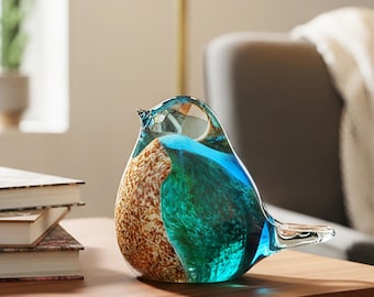 Hand Blown Glass Bird Sculpture, Bluebird of Happiness, Colorful Art Figurine for Tabletop Decor