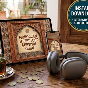May include: A tablet and a smartphone displaying the Moroccan Street Food Survival Guide, accompanied by grey over-ear headphones, a glass of mint tea on a saucer, and scattered coins. A circular badge in the corner reads Instant Download.
