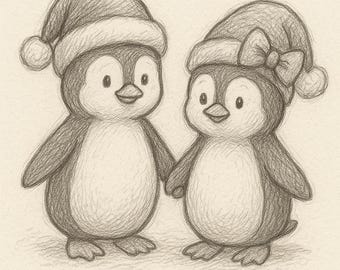 May include: A pencil sketch of two penguins holding hands, wearing Santa hats. The penguins are black and white with round bodies and small feet. One hat has a bow. The background is a light beige color.