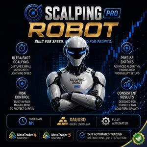 May include: A digital graphic featuring a white and black robot with glowing blue eyes. Text includes SCALPING PRO ROBOT, BUILT FOR SPEED, ULTRA FAST SCALPING, PRECISE ENTRIES, RISK CONTROL, CONSISTENT RESULTS, XAUUSD GOLD / US DOLLAR, M1, AND METATRADER 4 AND 5.