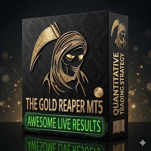 Könnte beinhalten: Eine schwarze rechteckige Box mit einer goldenen, geprägten Sensenmann-Grafik und dem Text THE GOLD REAPER MT5, AWESOME LIVE RESULTS sowie QUANTITATIVE TRADING STRATEGY. Ein kleines goldenes, rundes Etsy Digital Download Siegel ist zu sehen.