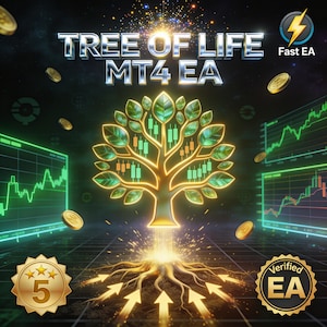 May include: A digital graphic featuring the text "TREE OF LIFE MT4 EA" above a stylized tree with leaves and a glowing trunk. The tree's leaves are filled with green and orange bar graphs. Gold coins and charts are in the background.