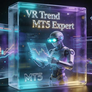May include: A futuristic image showing a robot in VR glasses, holding a glowing screen displaying a financial chart. The text "VR Trend MT5 Expert" and "MT5" are visible. A verified badge with stars and charts are in the background.