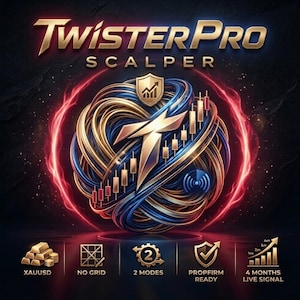 May include: A digital graphic titled Twister Pro Scalper featuring a central gold and blue swirling abstract sphere with a T logo, candlestick charts, and a shield icon. Below are five icons labeled XAUUSD, NO GRID, 2 MODES, PROPFIRM READY, and 4 MONTHS LIVE SIGNAL.