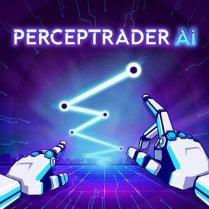 May include: Digital illustration featuring the text "PERCEPTRADER AI" in white neon against a purple and blue background. Robotic hands point towards a glowing blue line graph, suggesting data analysis and technology.
