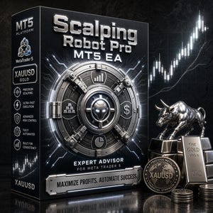 May include: A black box for Scalping Robot Pro MT5 EA software featuring a metallic vault door graphic, a silver bull statue, and gold bars. The text reads Scalping Robot Pro MT5 EA, XAUUSD, and Maximize Profits, Automate Success, with trading charts.