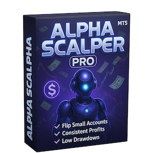 May include: A dark blue box with the words "ALPHA SCALPER PRO" in white and blue. The box features a futuristic robot with a glowing blue light on its head, dollar signs, and falling money. The text "Flip Small Accounts, Consistent Profits, Low Drawdown" is also visible.