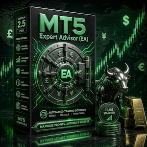 Peut inclure: Une boîte noire étiquetée MT5 Expert Advisor (EA) Version 2.5 Pro avec un graphique de porte de coffre-fort vert, des symboles monétaires et du texte incluant Automated Trading Solution. À côté se trouvent une figurine de taureau et des lingots.