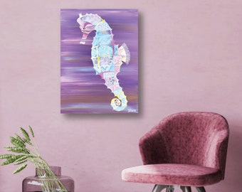 Rainbow Seahorse Original Painting, Seahorse Art, Purple Canvas Art, Canvas Wall Art, Sea Life Painting, Nursery Decor, Nursery Art, 11x14