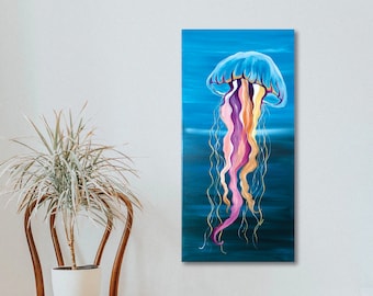 Jellyfish Original Painting, Jellyfish Art, Sea Life Painting, Beach Decor, Ocean Home Decor, Blue Canvas Painting, Under the Sea Art, 24x12
