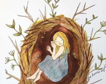 Rest in Your Nest Original Painting, Watercolor Art, Girl in a Nest Painting, 5x7