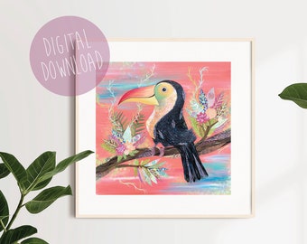 Toucan Art Print, Living Room Decor, Digital Download, Printable Wall Art, Rainforest Art, Tropical Art, Framable Art, Tropical Bird Art