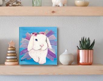 Ballerina Bunny, Cute White Rabbit Original Painting, Nursery Art, Nursery Decor, Ballerina Art, Canvas Painting, 6x6