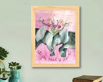 Elephant Love Original Painting, Pink Home Decor, Elephant Art, Elephant Wall Art, All You Need is Love, 9x12