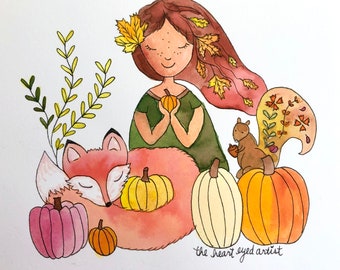 Fall Girl with Fox and Pumpkins Original Painting, Fall Art, Autumn Painting, Animal Painting, Fall Home Decor, 7x5