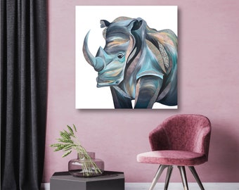 Rhino Original Painting, Rhino Art, Rhino Canvas Art, Canvas Wall Art, Safari Art, Living Room Decor, 24x24
