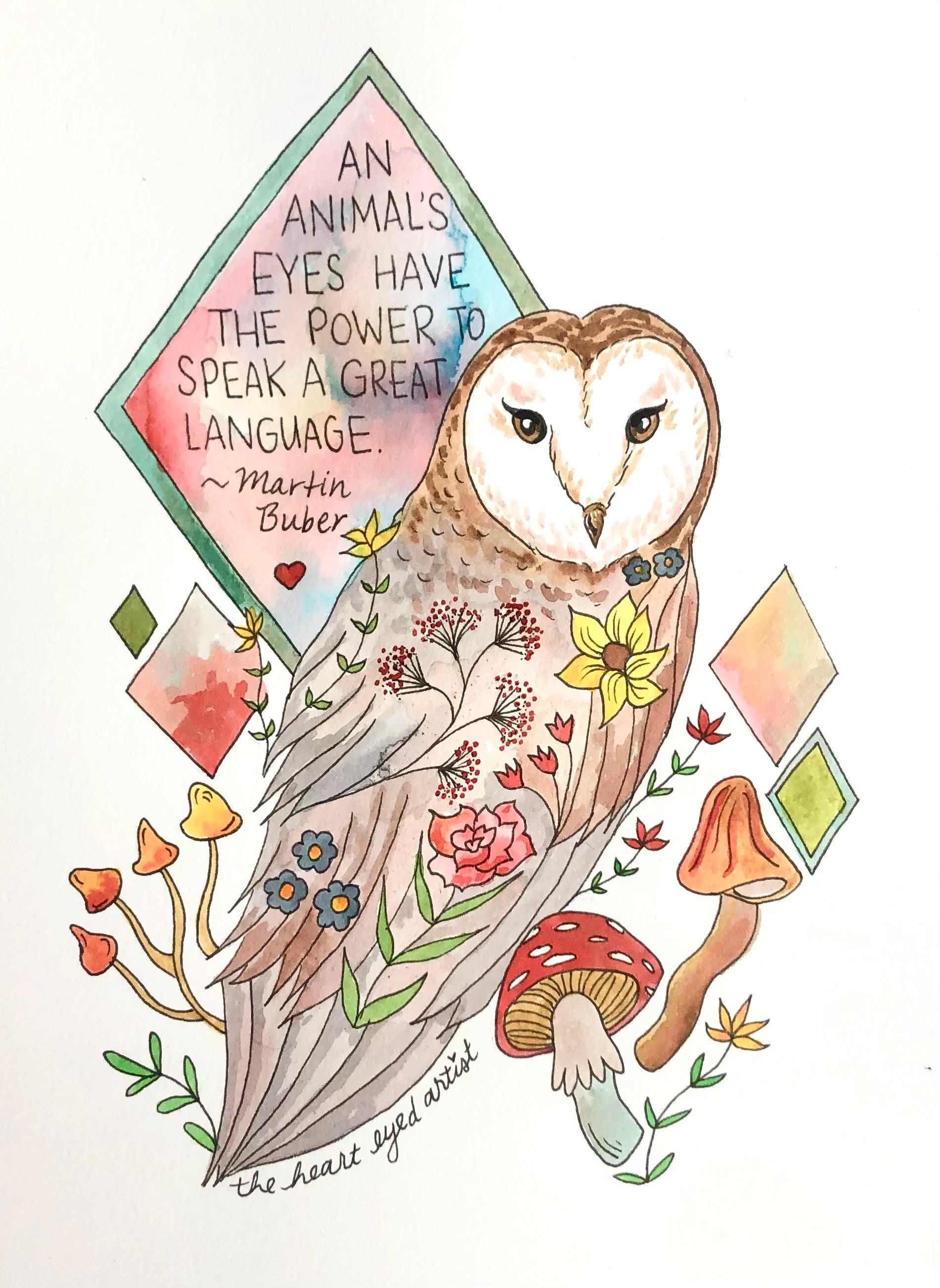 Wise Owl Original Painting, Animal's eyes Quote, Vegan Art, Owl Art, Colorful Painting, Martin B