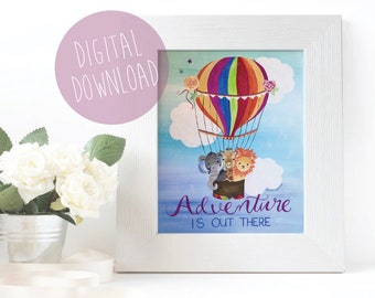 Adventure is Out There Art Print, Hot Air Balloon Art Print, Nursery Art, Digital Download, Printable Wall Art, Baby Animals Art, Kids Room