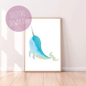 Narwhal Art Print, Under the Sea Art, Digital Download, Printable Wall Art, Narwhal Nursery Art, Nursery Decor