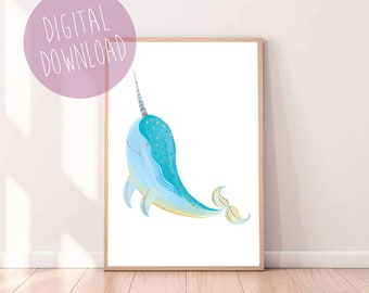 Narwhal Art Print, Under the Sea Art, Digital Download, Printable Wall Art, Narwhal Nursery Art, Nursery Decor