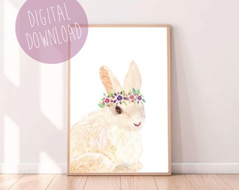 Bunny Print, Bunny Rabbit Wall Art, Nursery Decor, Girls Room Decor, Digital Download, Printable Wall Art, Flower Crown