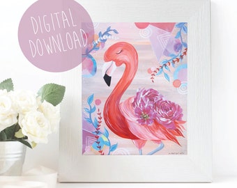 Flamingo Art Print, Digital Download, Printable Wall Art, Flamingo Home Decor, Bright Pink Art, Pink Wall Art, Tropical Art Print