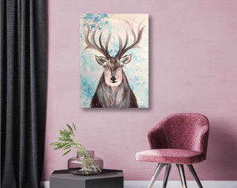 Deer Original Painting, Canvas Wall Art, Animal Art, Deer Art, Blue Painting, 18x24