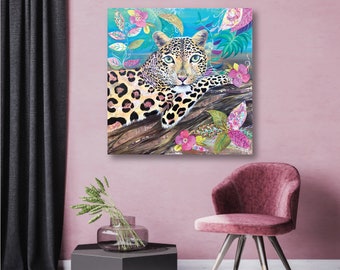 Leopard Original Painting, Vibrant Colorful Art, 24x24, African Animal Art, Jungle Art, Canvas Wall Art