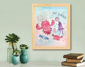 Sea Friends Not Seafood Original Painting, Sealife Art, Sea Animals, Ocean Animals Painting, Vegan Art, Vegan Painting, Wall Art,  9x12