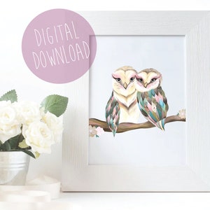 Owls Art Print, Barn Owl Art, Lovebirds Art, Digital Download, Printable Wall Art, Valentines Day Gift, Owl Wall Art, Owl Home Decor