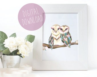Owls Art Print, Barn Owl Art, Lovebirds Art, Digital Download, Printable Wall Art, Valentines Day Gift, Owl Wall Art, Owl Home Decor
