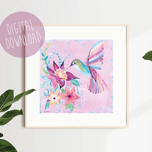 Hummingbird Art Print, Hummingbird Painting, Digital Download, Printable Wall Art, Pink Bird Art, Pink Art Print, Mother&#39;s Day Gift