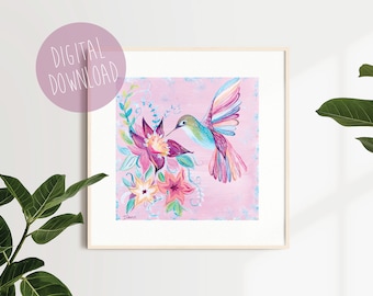 Hummingbird Art Print, Hummingbird Painting, Digital Download, Printable Wall Art, Pink Bird Art, Pink Art Print, Mother's Day Gift