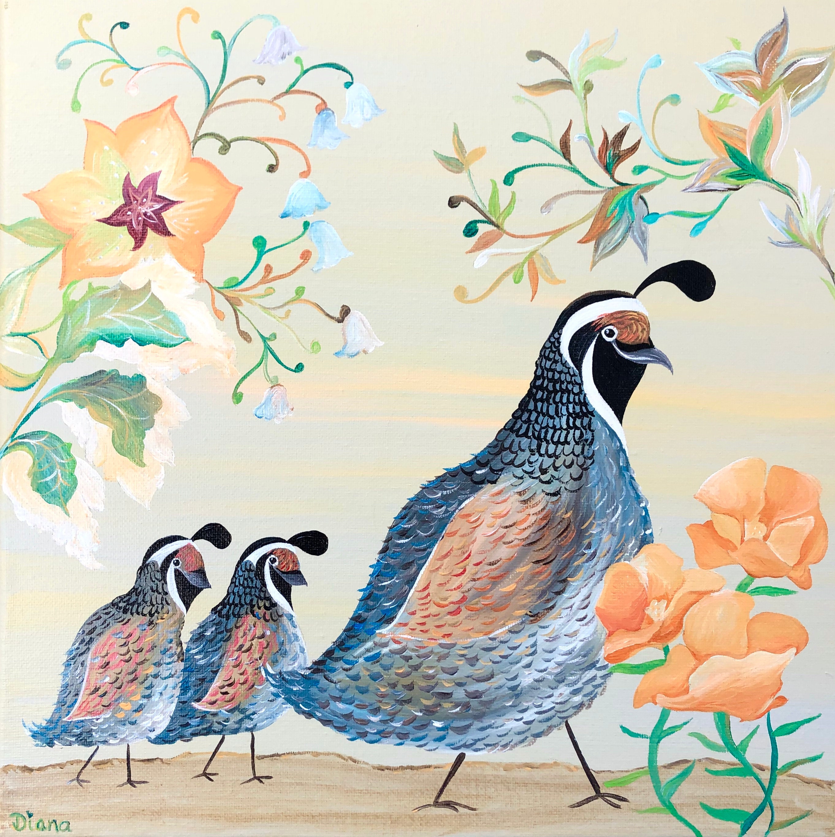 Quails Art Print, Quail Family Art, Mother and Babies Art, Digital ...