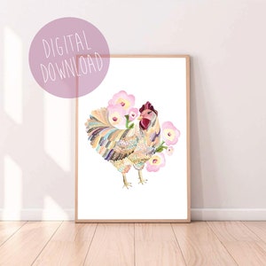 Stampa pollo, stampa gallina, arte della parete di pollo, download digitale, arte murale stampabile, fiori rosa