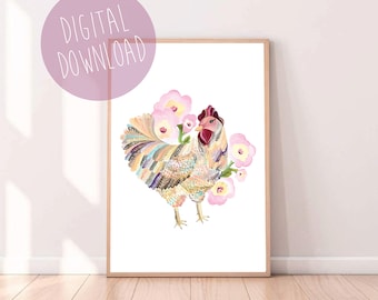 Impresión de pollo, impresión de gallina, arte de la pared del pollo, descarga digital, arte de la pared imprimible, flores rosas