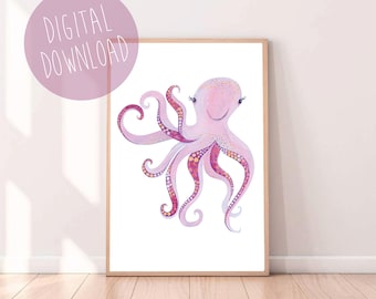 Octopus Art Print, Under the Sea Art, Digital Download, Printable Wall Art, Octopus Nursery Art, Nursery Decor