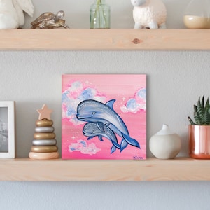 Dolphins Original Painting, Pink Sky Painting, Mama and Baby Dolphin, Clouds, Girl&#39;s Room Art, Small Painting, Nursery Art, 6x6 Canvas