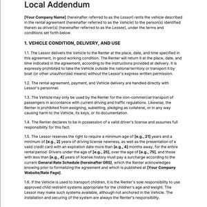 Pode incluir: Documento impresso intitulado "Local Addendum" com texto incluindo "Vehicle Condition, Delivery, and Use". O documento parece ser um contrato de aluguel, com seções e cláusulas numeradas. O texto é preto sobre fundo branco.