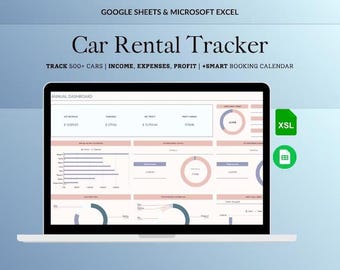 May include: A laptop displaying a car rental tracker dashboard. The screen shows charts and data visualizations for income, expenses, and profit. The text at the top reads "GOOGLE SHEETS & MICROSOFT EXCEL" and "Car Rental Tracker". Includes XSL and spreadsheet icons.