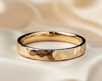 4mm Hammered Flat Gold Wedding Band for Women – Solid 9K 14K 18K Yellow, Rose or White Gold Ring, Matte or Polished, Handmade