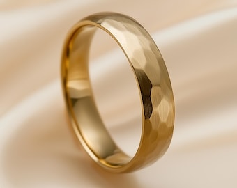 4mm Hammered Real Gold Wedding Band Dome Ring - 9ct 14ct 18ct Yellow, Rose or White Gold - Solid Gold - Handmade
