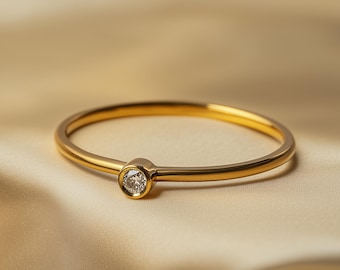 Handmade Diamond Solid Gold Ring for Women – 1.5mm Bezel Stacking Engagement Band 9k 14k 18k Matte or Polished