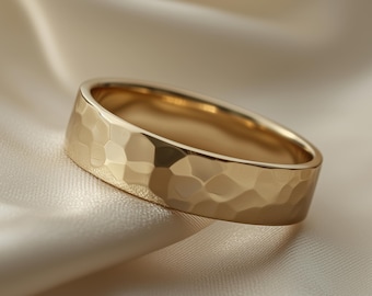 5mm Hammered Flat Gold Ring for Women – 9ct 14ct 18ct Yellow, Rose or White Gold – Handmade Wedding Band
