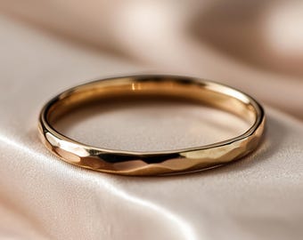 2mm Hammered Solid Gold Wedding Band D Shape 9k 14k 18k In Yellow Rose White Gold - Handmade