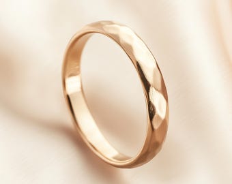 3mm Hammered Gold Wedding Ring, Dome Band, Solid 9ct 14ct 18ct Yellow Rose White Gold, Matte or Polished, Handmade
